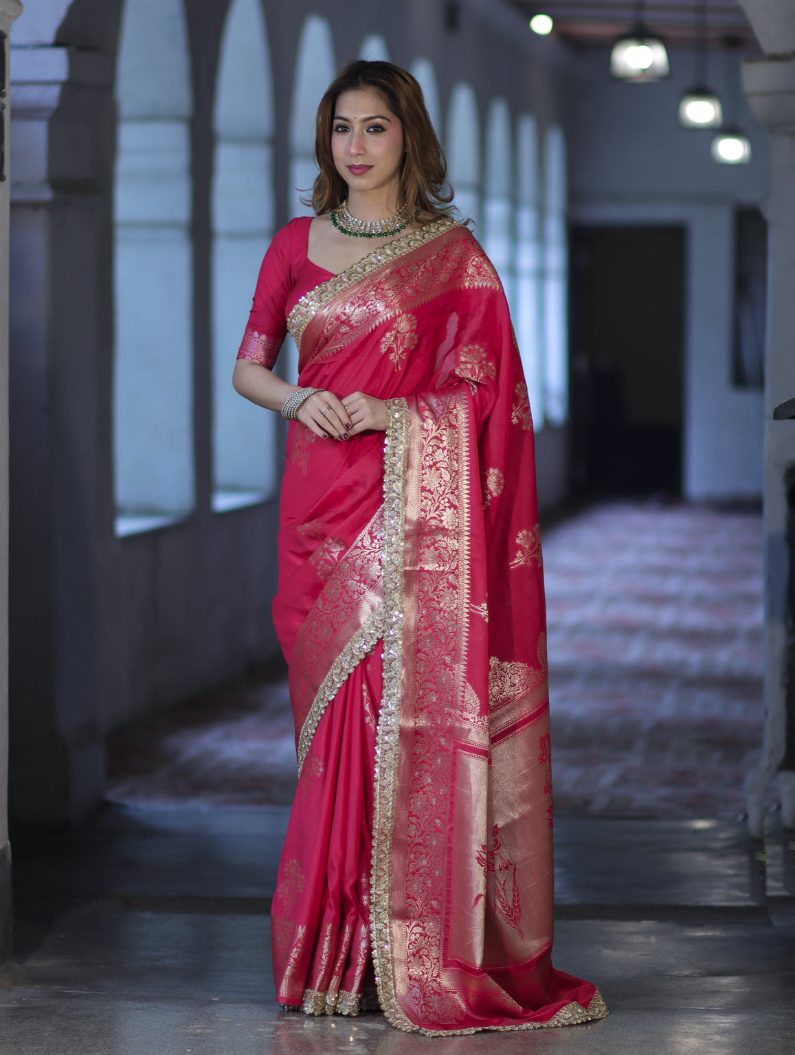 Banarasee Handloom Semi Silk Saree With Sona Rupa Zari Buta Design Floral Border & Lace-Magenta