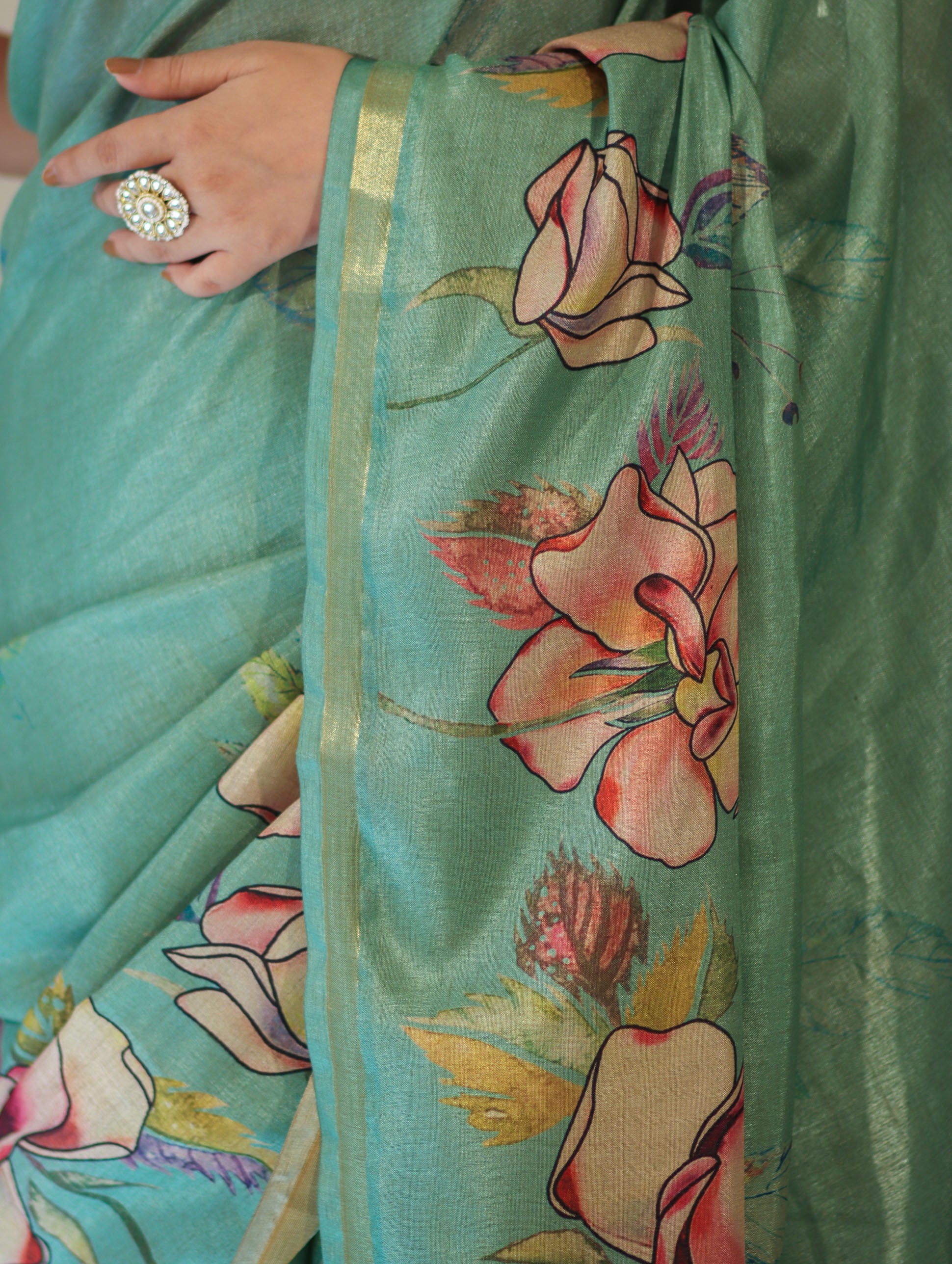 Banarasee Handloom Cotton Silk Saree With Digital Floral Prints & Border-Light Green
