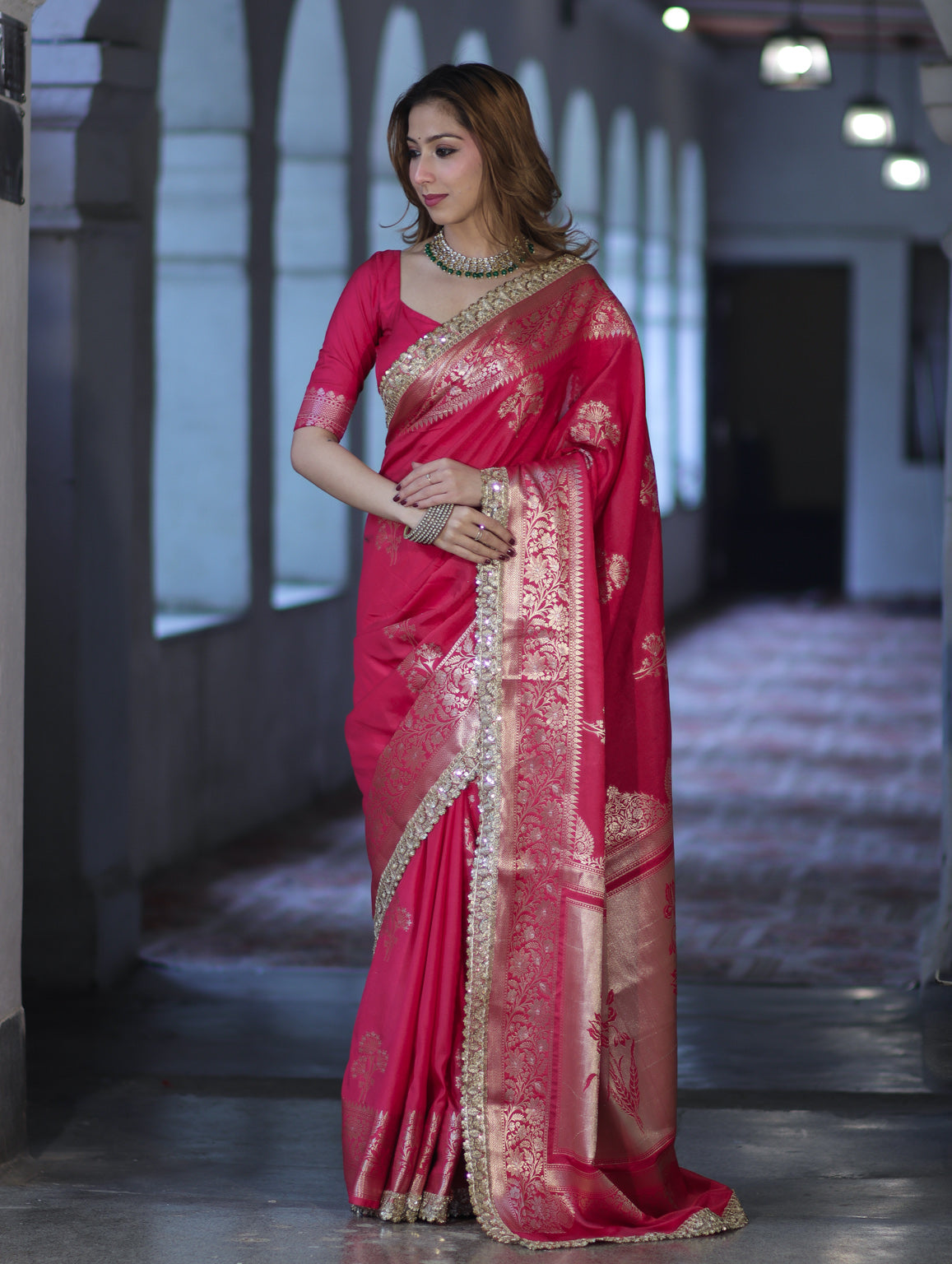 Banarasee Handloom Semi Silk Saree With Sona Rupa Zari Buta Design Floral Border & Lace-Magenta