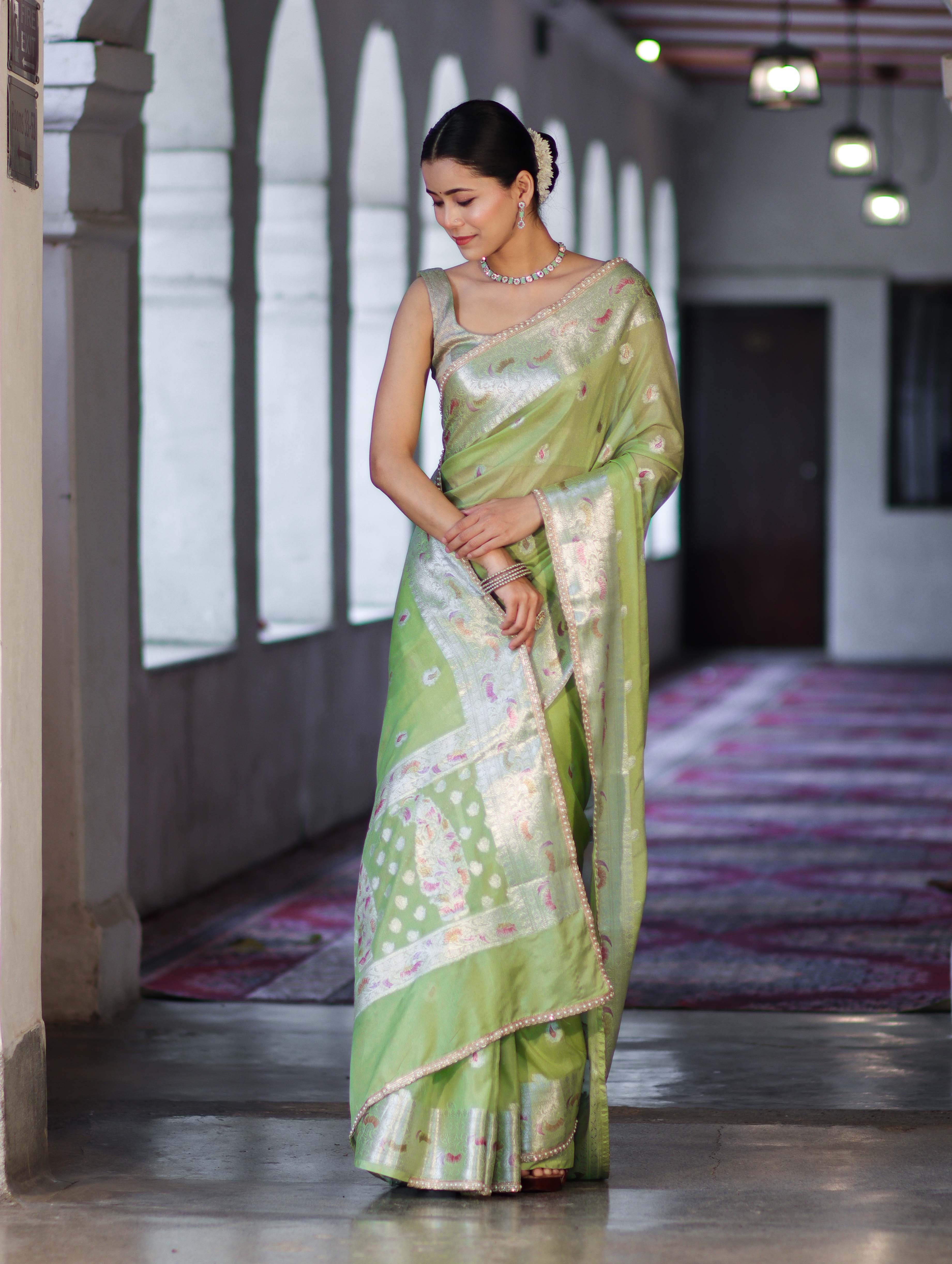 Banarasee Semi Chiffon Saree With Meena Work Silver Zari Border & Lace-Light Green