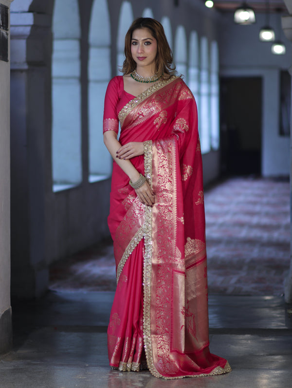 Banarasee Handloom Semi Silk Saree With Sona Rupa Zari Buta Design Floral Border & Lace-Magenta