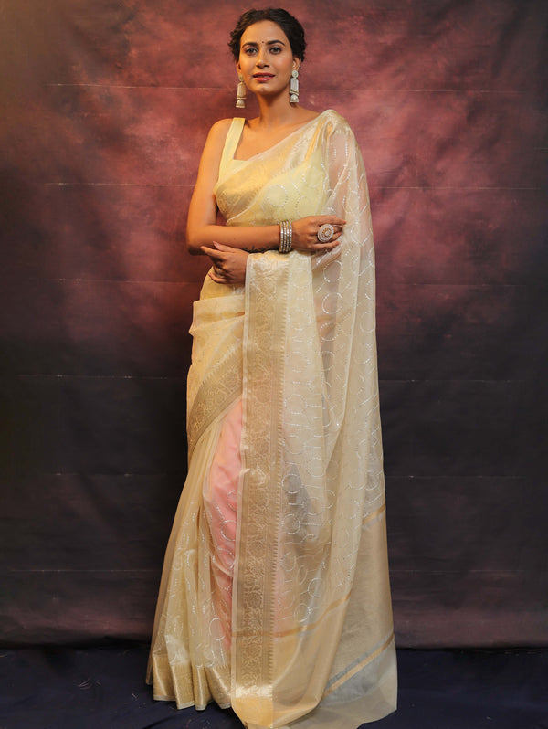 Banarasee Organza Floral Embroidery Sequin Work Saree-Light Yellow