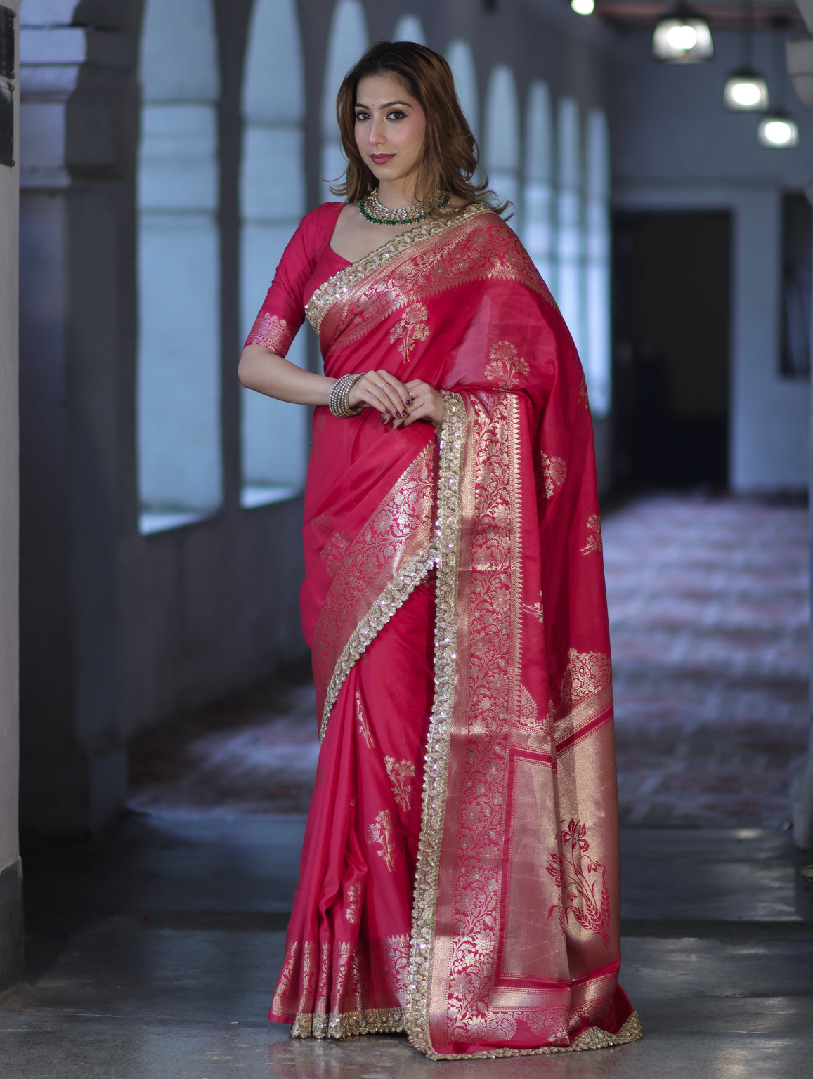 Banarasee Handloom Semi Silk Saree With Sona Rupa Zari Buta Design Floral Border & Lace-Magenta