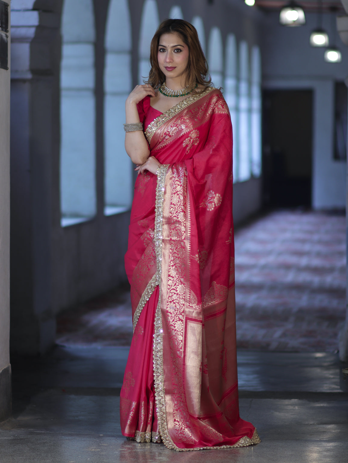 Banarasee Handloom Semi Silk Saree With Sona Rupa Zari Buta Design Floral Border & Lace-Magenta
