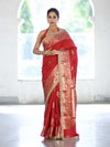 Banarasee Handloom Semi Silk Saree With Sona Rupa Zari Buta Design Floral Border & Lace-Deep Red