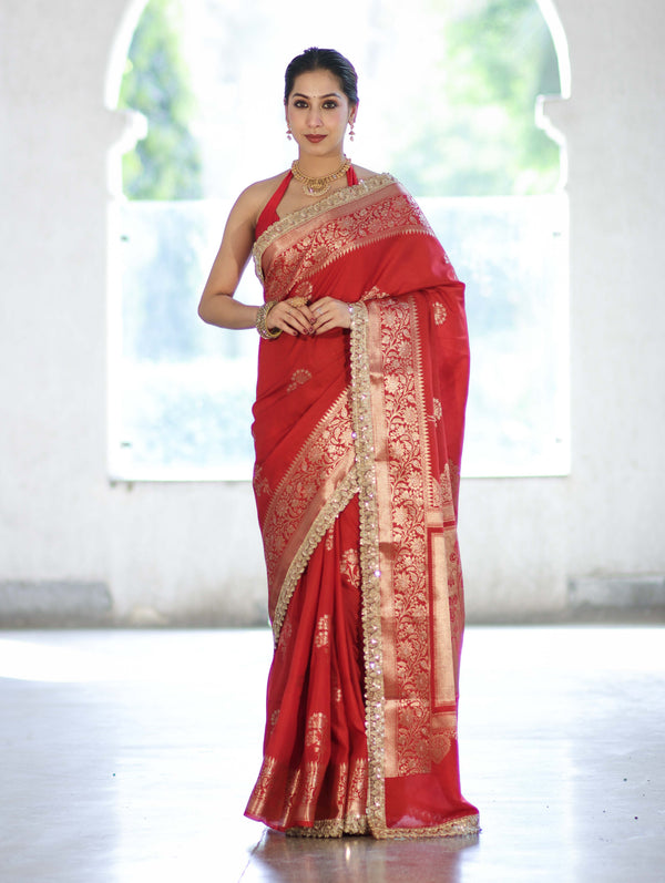 Banarasee Handloom Semi Silk Saree With Sona Rupa Zari Buta Design Floral Border & Lace-Deep Red