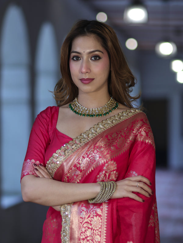 Banarasee Handloom Semi Silk Saree With Sona Rupa Zari Buta Design Floral Border & Lace-Magenta