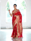 Banarasee Handloom Semi Silk Saree With Sona Rupa Zari Buta Design Floral Border & Lace-Deep Red