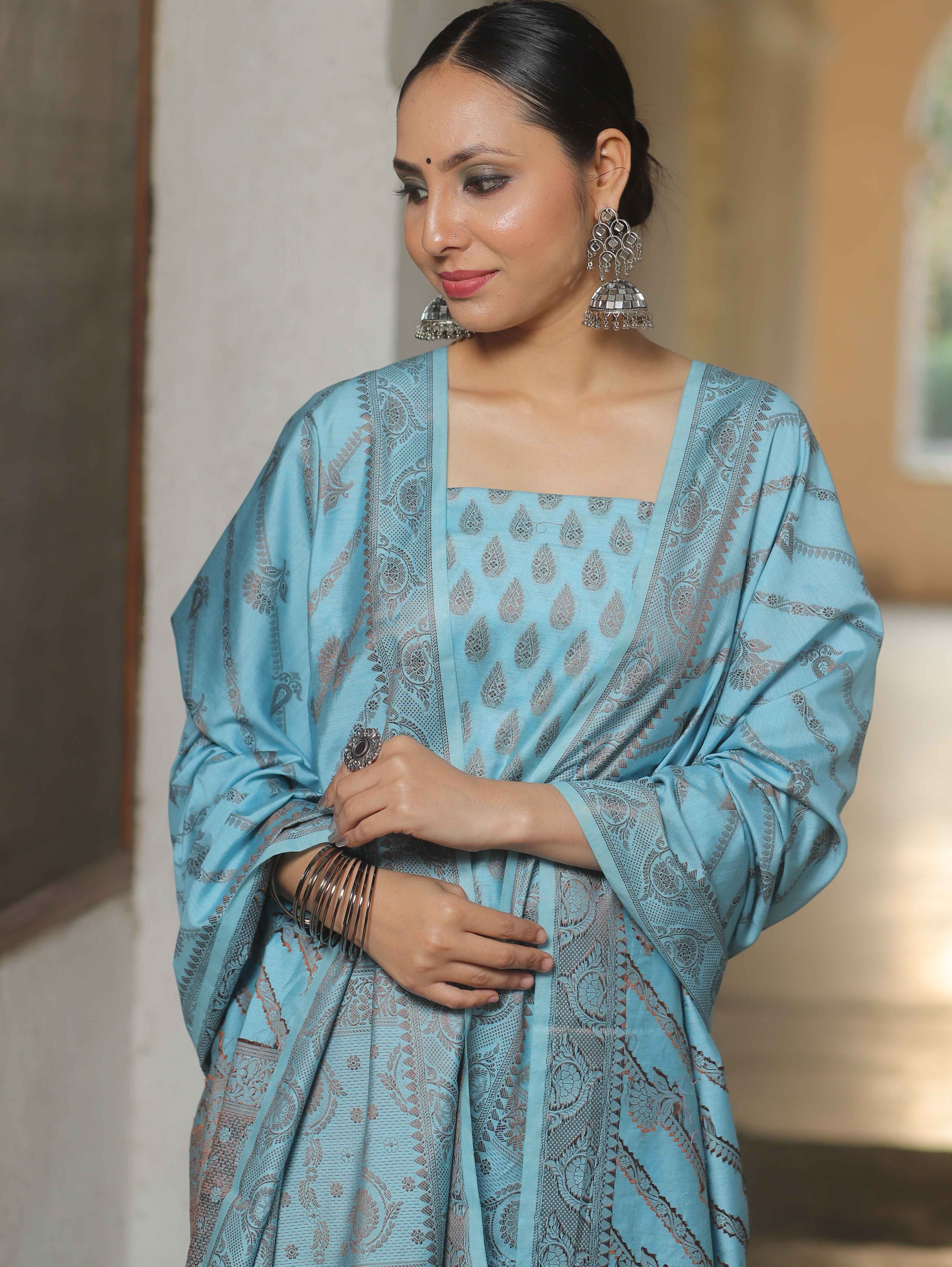 Banarasee Semi Katan Silk Salwar Kameez Fabric With Dupatta Resham Zari Work-Blue