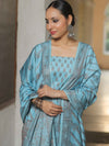Banarasee Semi Katan Silk Salwar Kameez Fabric With Dupatta Resham Zari Work-Blue