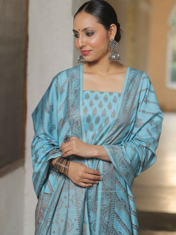 Banarasee Semi Katan Silk Salwar Kameez Fabric With Dupatta Resham Zari Work-Blue