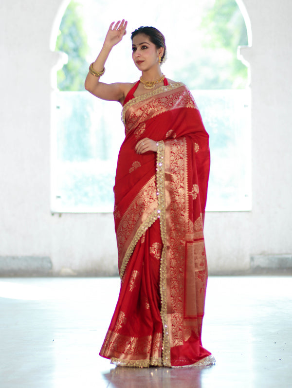 Banarasee Handloom Semi Silk Saree With Sona Rupa Zari Buta Design Floral Border & Lace-Deep Red