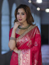 Banarasee Handloom Semi Silk Saree With Sona Rupa Zari Buta Design Floral Border & Lace-Magenta