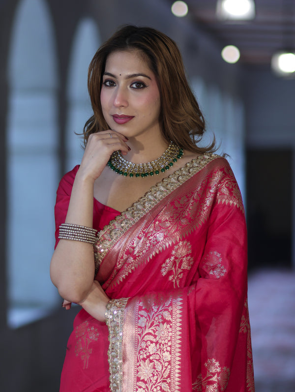 Banarasee Handloom Semi Silk Saree With Sona Rupa Zari Buta Design Floral Border & Lace-Magenta