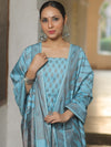 Banarasee Semi Katan Silk Salwar Kameez Fabric With Dupatta Resham Zari Work-Blue