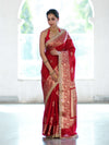 Banarasee Handloom Semi Silk Saree With Sona Rupa Zari Buta Design Floral Border & Lace-Deep Red