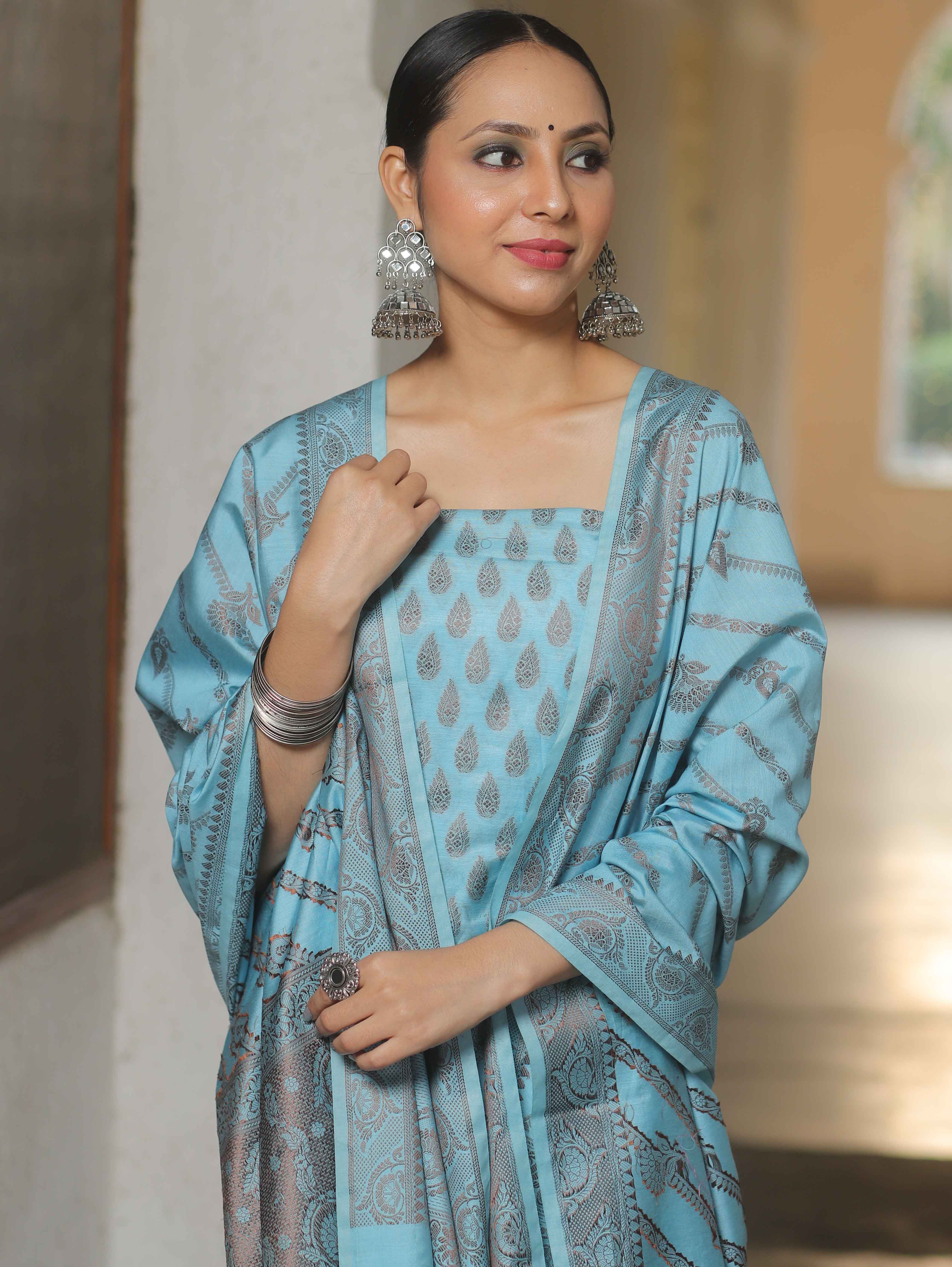 Banarasee Semi Katan Silk Salwar Kameez Fabric With Dupatta Resham Zari Work-Blue