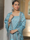 Banarasee Semi Katan Silk Salwar Kameez Fabric With Dupatta Resham Zari Work-Blue