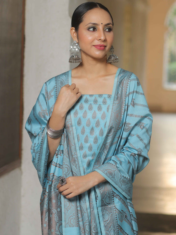 Banarasee Semi Katan Silk Salwar Kameez Fabric With Dupatta Resham Zari Work-Blue