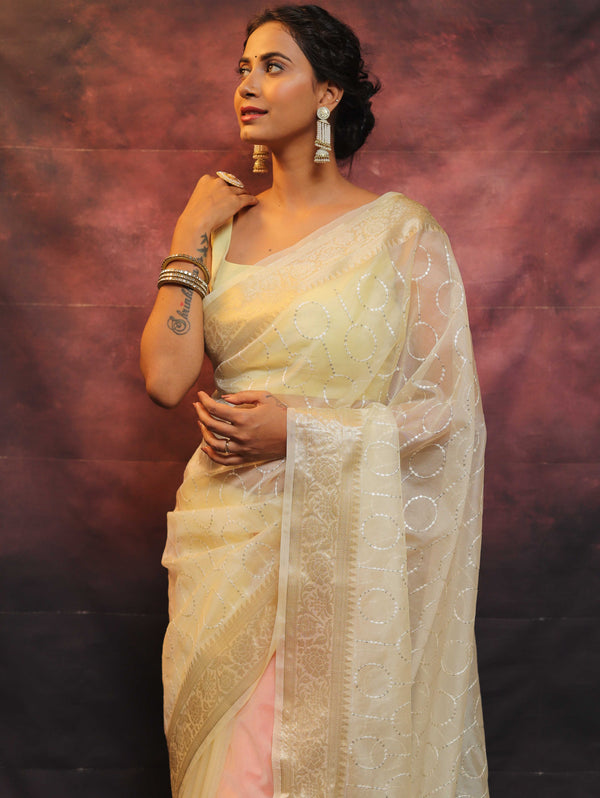 Banarasee Organza Floral Embroidery Sequin Work Saree-Light Yellow