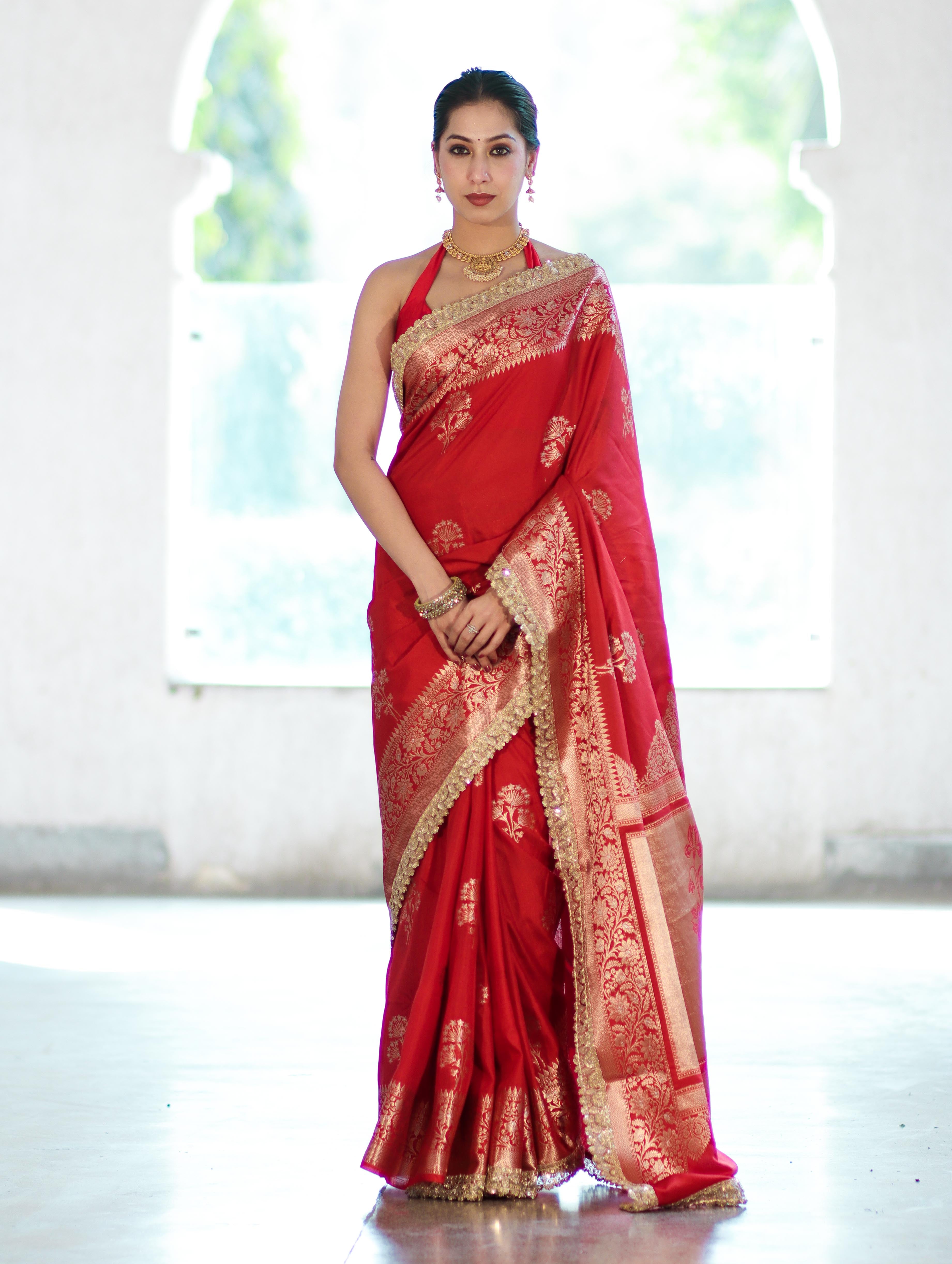 Banarasee Handloom Semi Silk Saree With Sona Rupa Zari Buta Design Floral Border & Lace-Deep Red