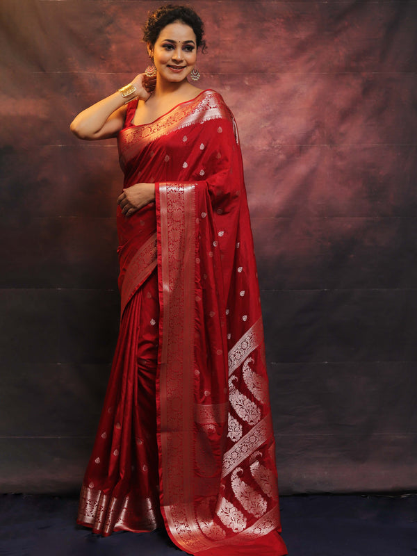 Banarasee Handwoven Semi-Chiffon Saree With Zari Work-Maroon