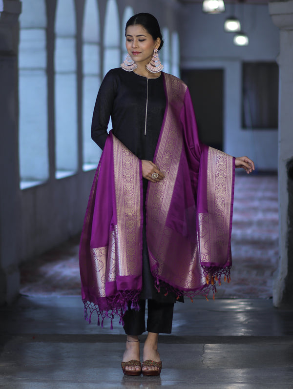 Banarasee Katan Silk Dupatta With Gold Zari Woven Border-Violet
