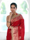 Banarasee Handloom Semi Silk Saree With Sona Rupa Zari Buta Design Floral Border & Lace-Deep Red