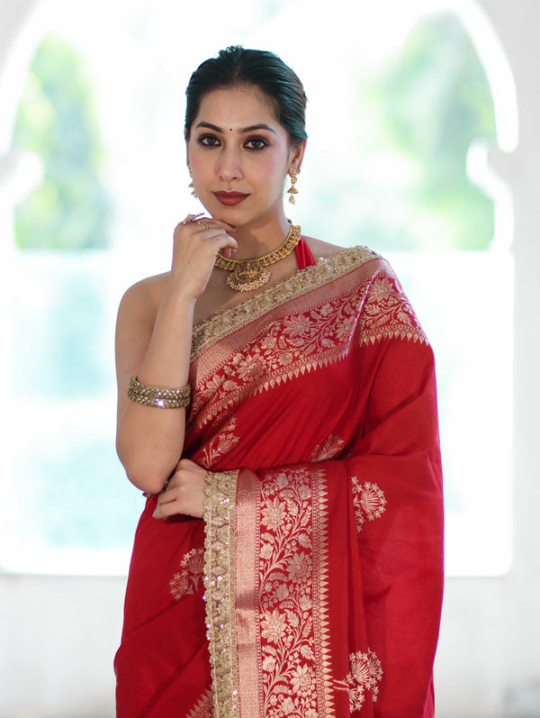 Banarasee Handloom Semi Silk Saree With Sona Rupa Zari Buta Design Floral Border & Lace-Deep Red
