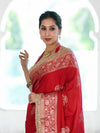 Banarasee Handloom Semi Silk Saree With Sona Rupa Zari Buta Design Floral Border & Lace-Deep Red