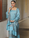 Banarasee Semi Katan Silk Salwar Kameez Fabric With Dupatta Resham Zari Work-Blue