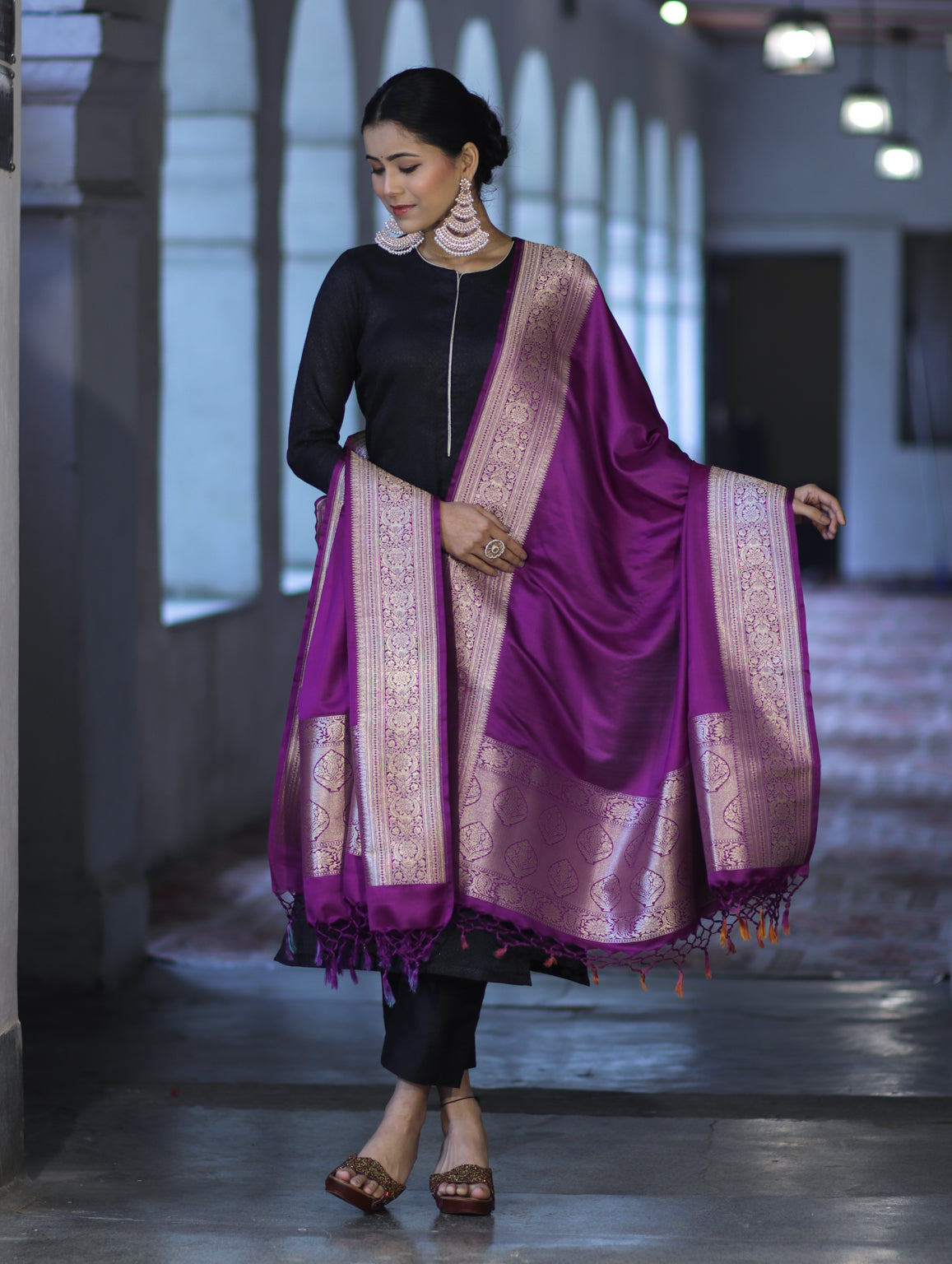 Banarasee Katan Silk Dupatta With Gold Zari Woven Border-Violet