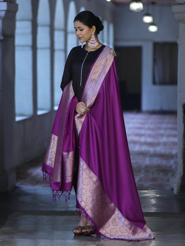 Banarasee Katan Silk Dupatta With Gold Zari Woven Border-Violet