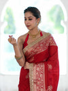 Banarasee Handloom Semi Silk Saree With Sona Rupa Zari Buta Design Floral Border & Lace-Deep Red