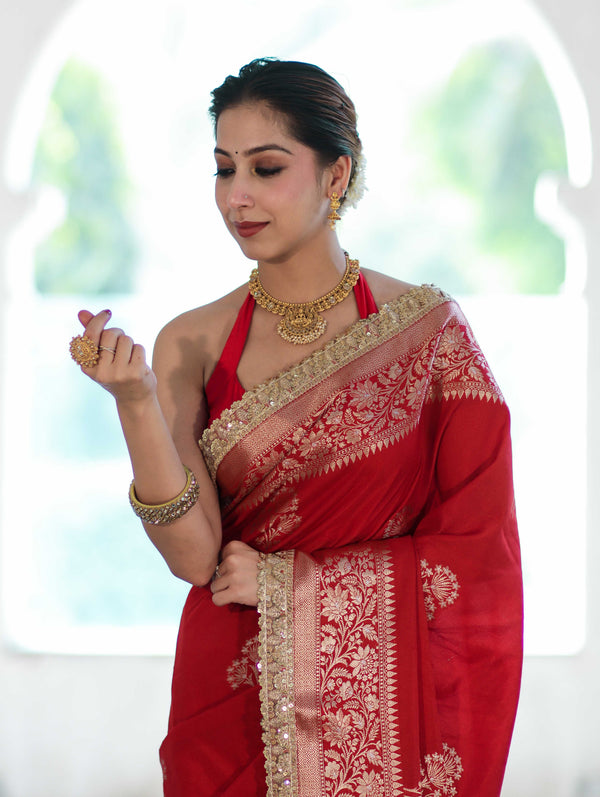 Banarasee Handloom Semi Silk Saree With Sona Rupa Zari Buta Design Floral Border & Lace-Deep Red