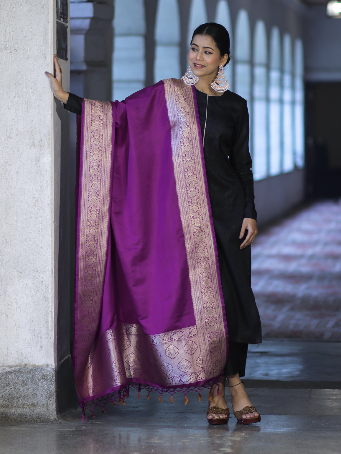 Banarasee Katan Silk Dupatta With Gold Zari Woven Border-Violet
