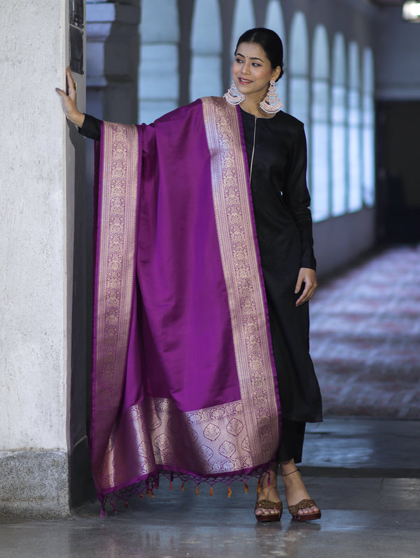 Banarasee Katan Silk Dupatta With Gold Zari Woven Border-Violet