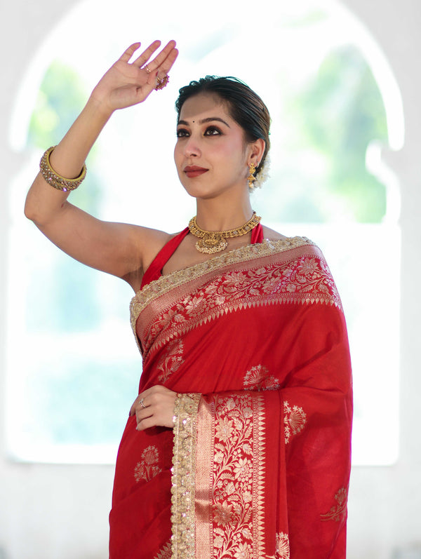 Banarasee Handloom Semi Silk Saree With Sona Rupa Zari Buta Design Floral Border & Lace-Deep Red