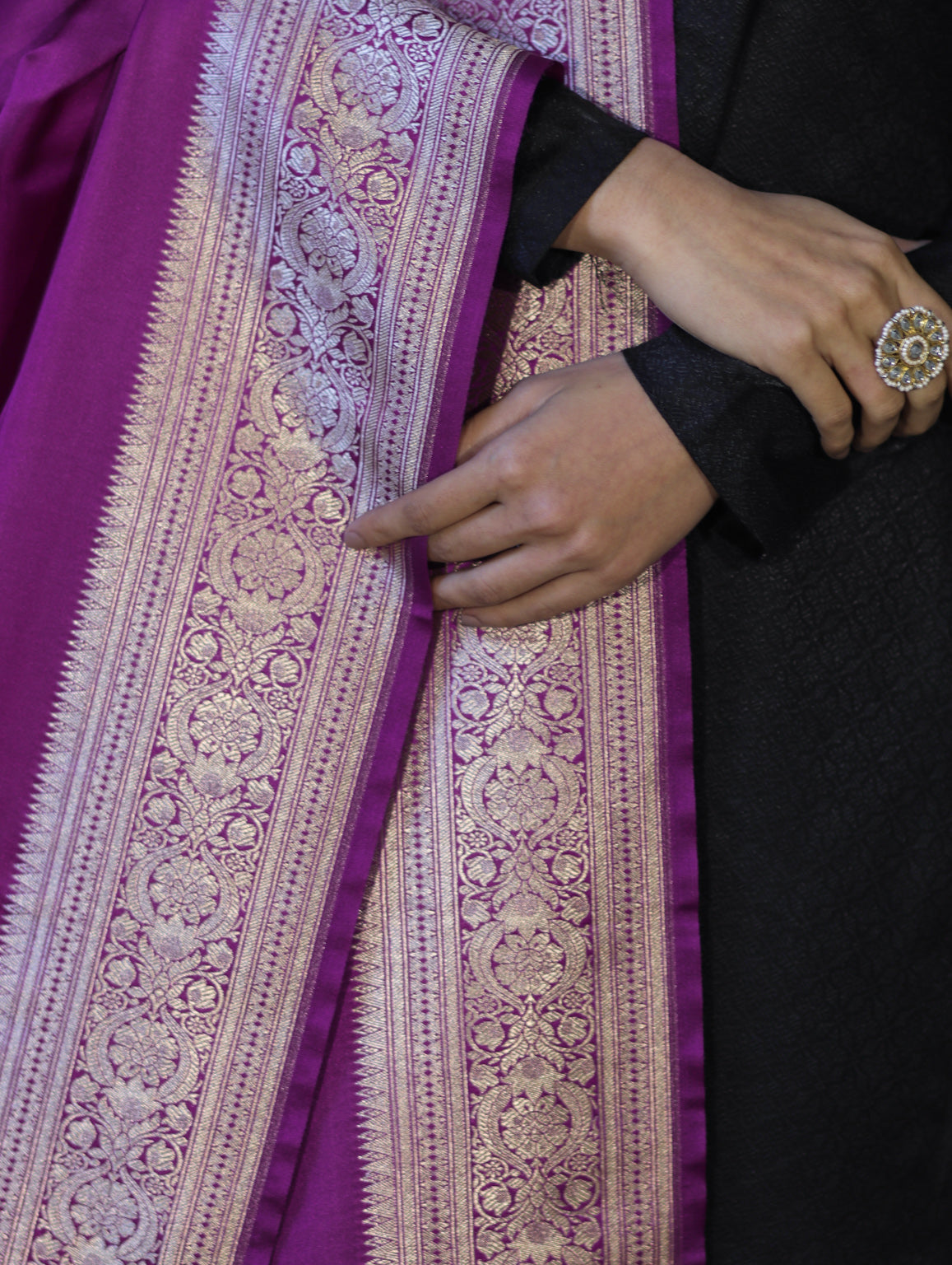 Banarasee Katan Silk Dupatta With Gold Zari Woven Border-Violet