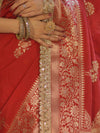 Banarasee Handloom Semi Silk Saree With Sona Rupa Zari Buta Design Floral Border & Lace-Deep Red