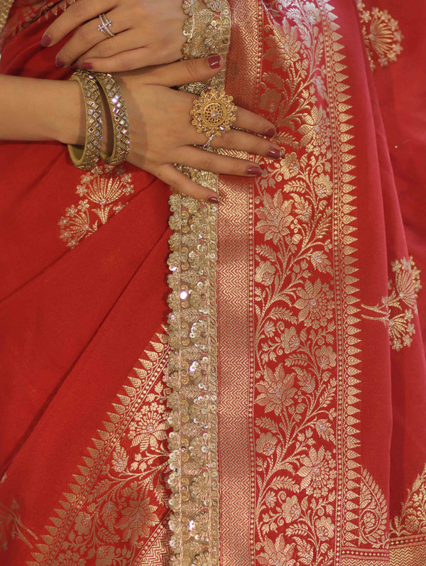 Banarasee Handloom Semi Silk Saree With Sona Rupa Zari Buta Design Floral Border & Lace-Deep Red