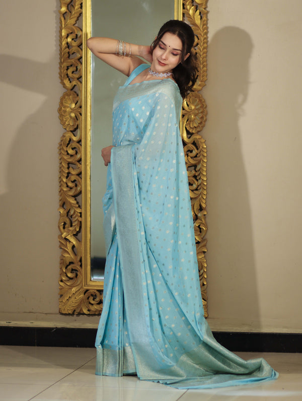 Banarasee Handwoven Chiffon Saree With Polka Dots Design & Border-Powder Blue