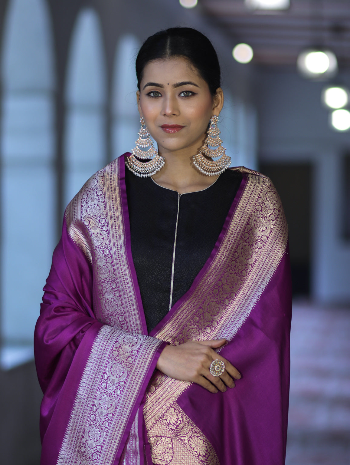 Banarasee Katan Silk Dupatta With Gold Zari Woven Border-Violet