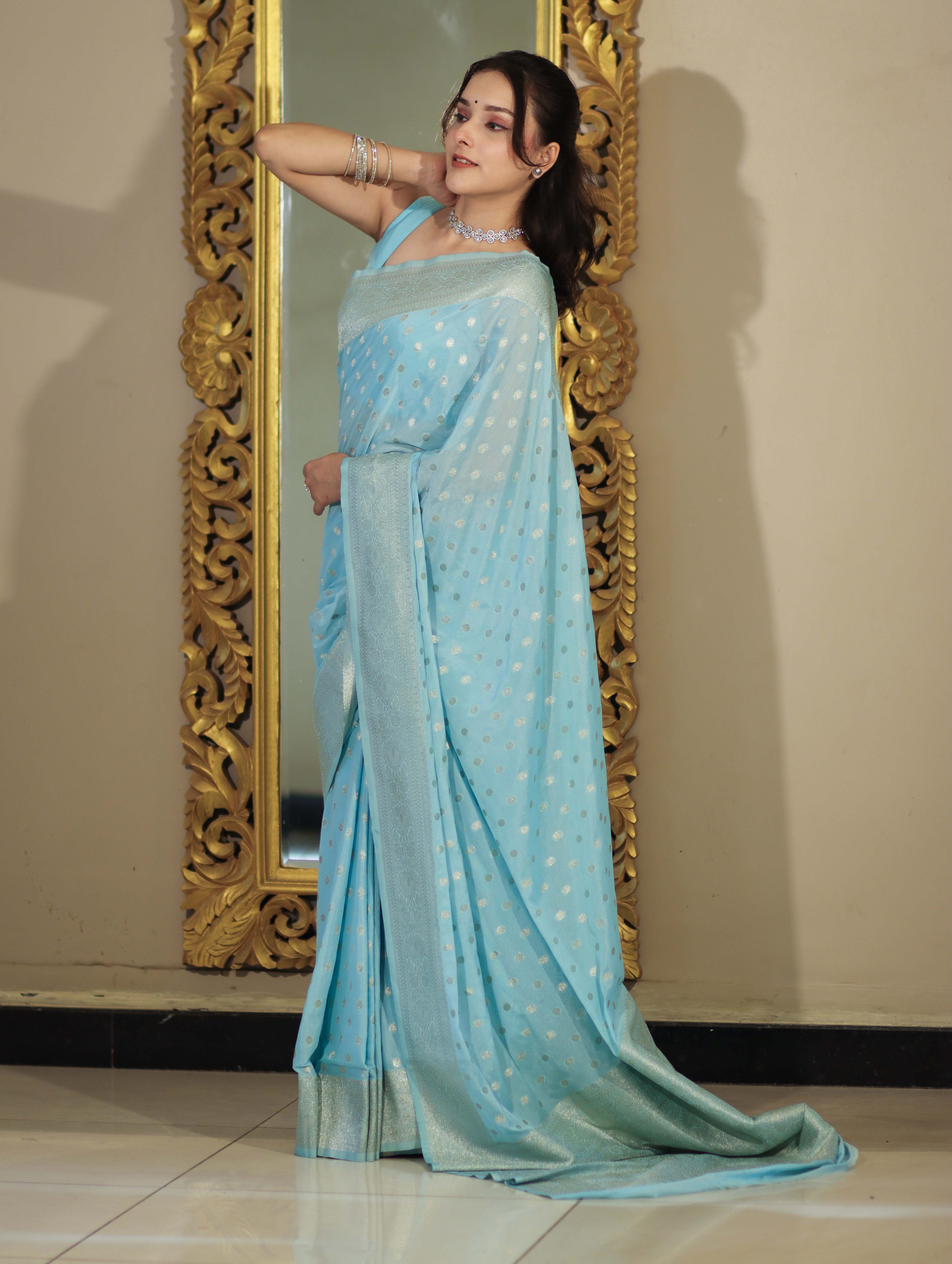 Banarasee Handwoven Chiffon Saree With Polka Dots Design & Border-Powder Blue