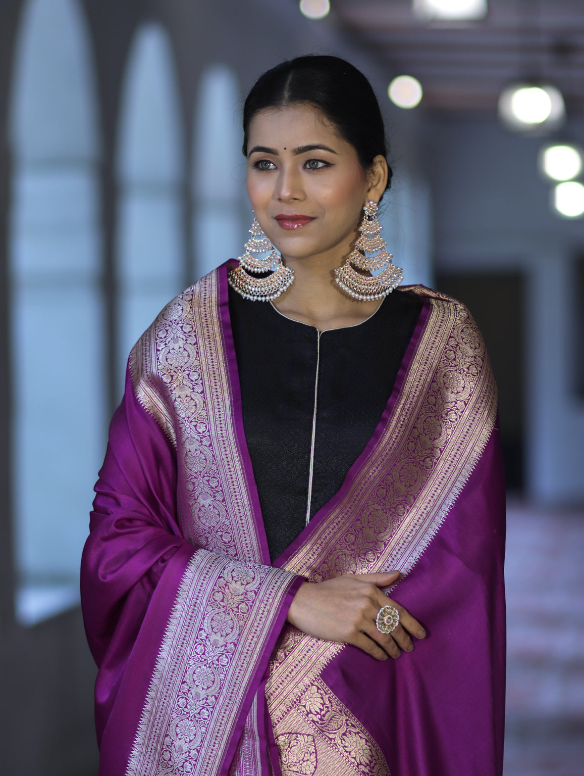 Banarasee Katan Silk Dupatta With Gold Zari Woven Border-Violet