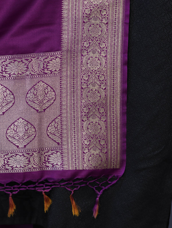 Banarasee Katan Silk Dupatta With Gold Zari Woven Border-Violet