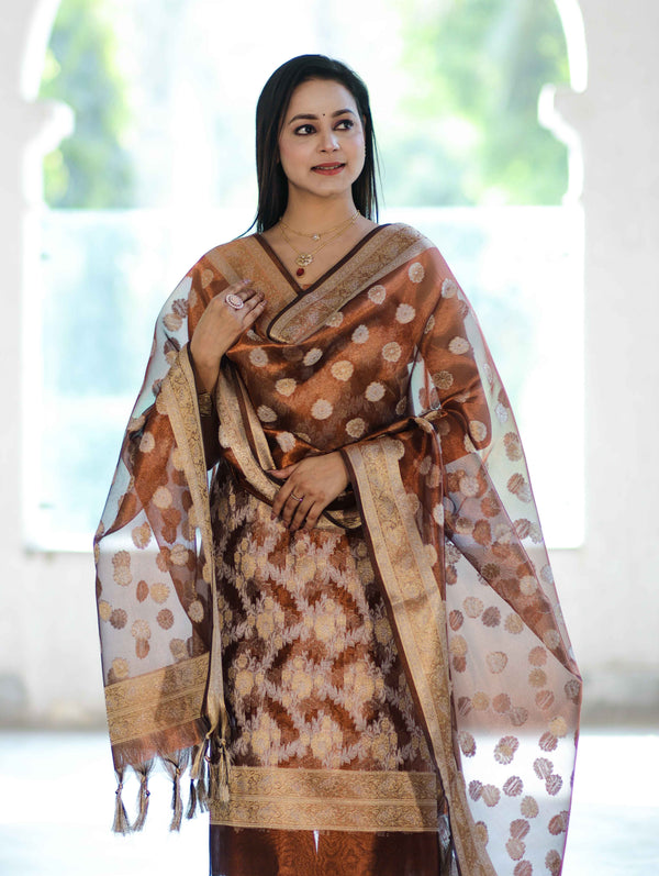 Banarasee Tissue Zari Work Salwar Kameez Fabric With Dupatta Set-Rust