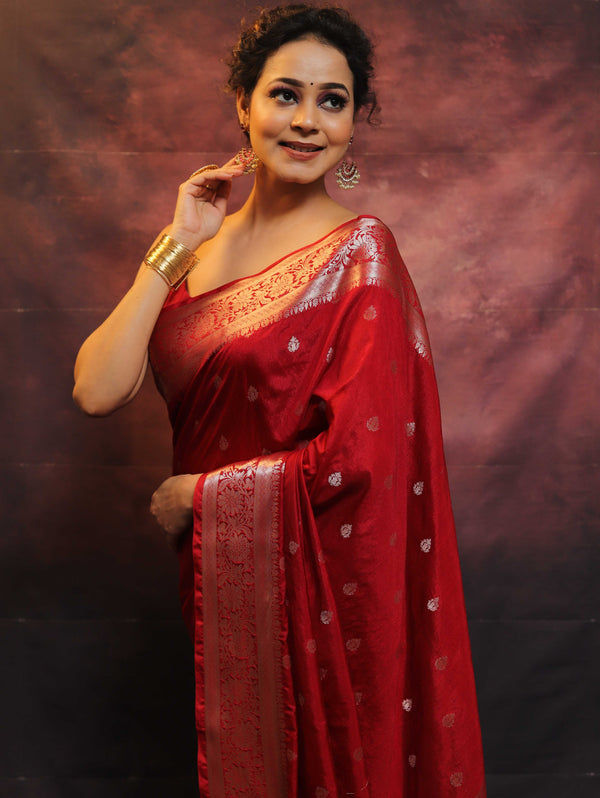 Banarasee Handwoven Semi-Chiffon Saree With Zari Work-Maroon