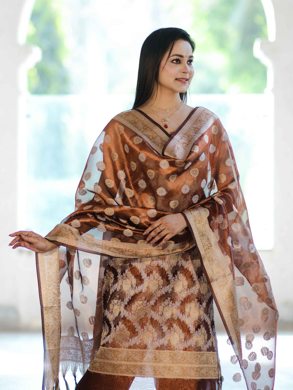 Banarasee Tissue Zari Work Salwar Kameez Fabric With Dupatta Set-Rust