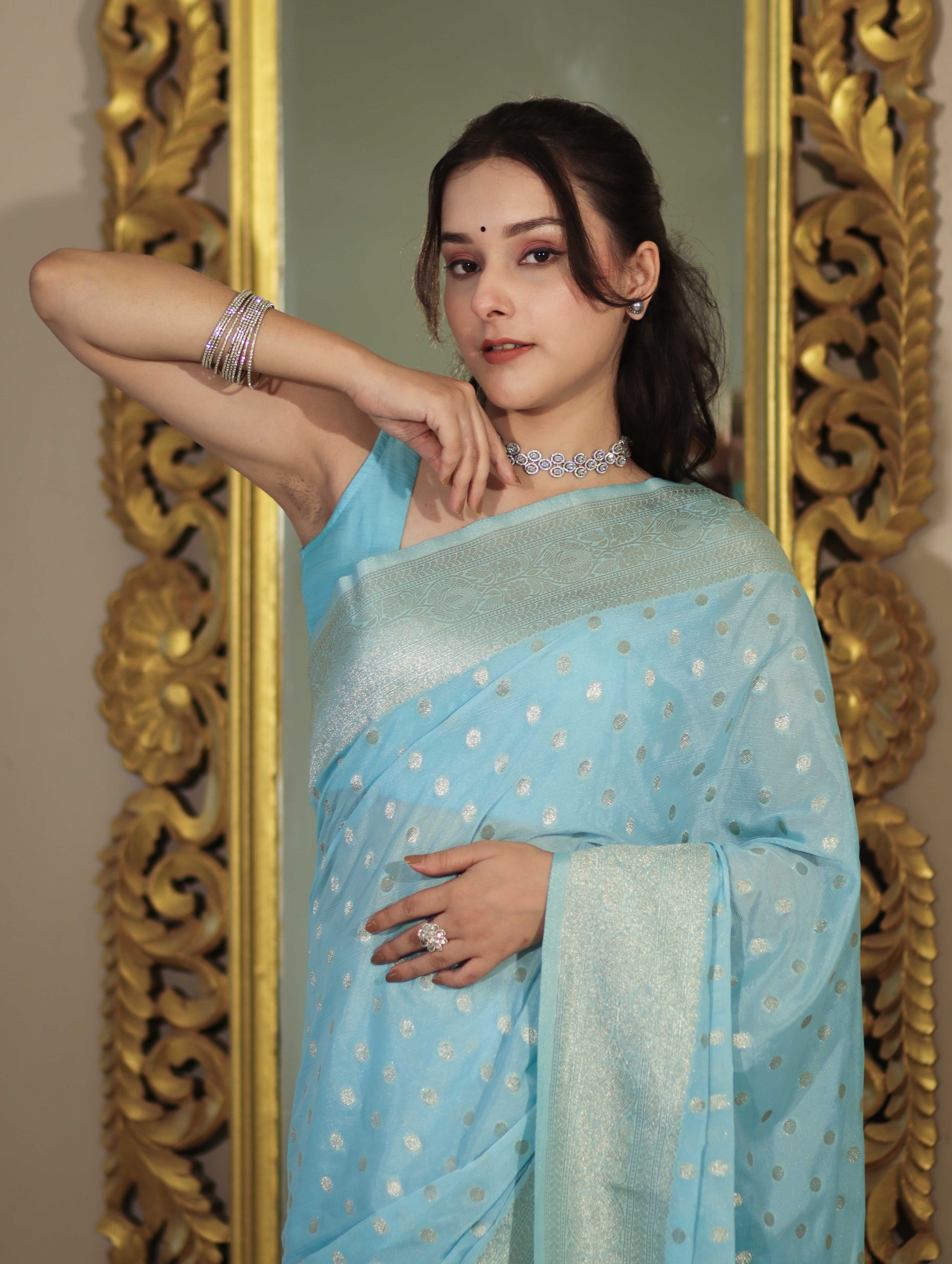 Banarasee Handwoven Chiffon Saree With Polka Dots Design & Border-Powder Blue